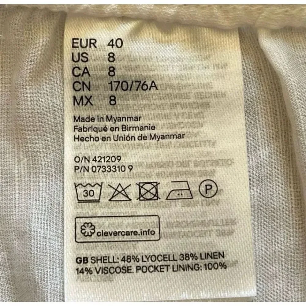 H & M Logg Linen Blend White Striped Culottes Ankle Length Pants  SZ 8 # 1519